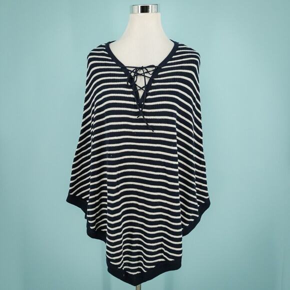 Talbots Size Medium M Blue White Stripe Print Lace Tie Neck Knit Poncho Sweater - Picture 1 of 4